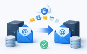 3D graphic of business email migration showing email transfer between servers with cloud security, database storage, and secure communication icons.