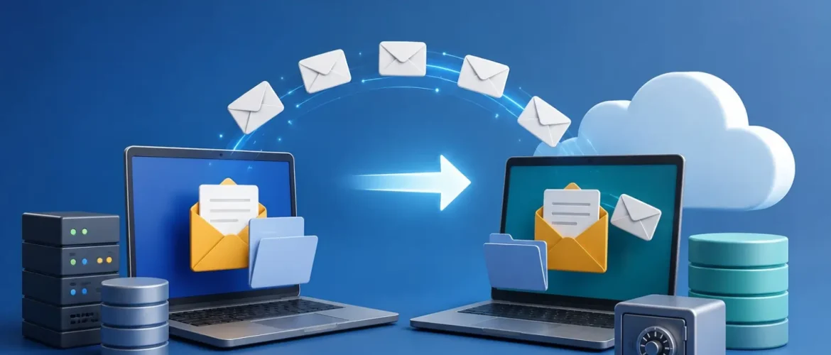 3D illustration of secure business email migration between laptops using cloud technology, email transfer, servers, and data security icons.