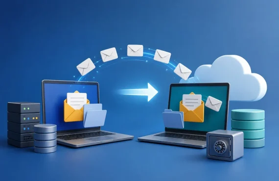 3D illustration of secure business email migration between laptops using cloud technology, email transfer, servers, and data security icons.