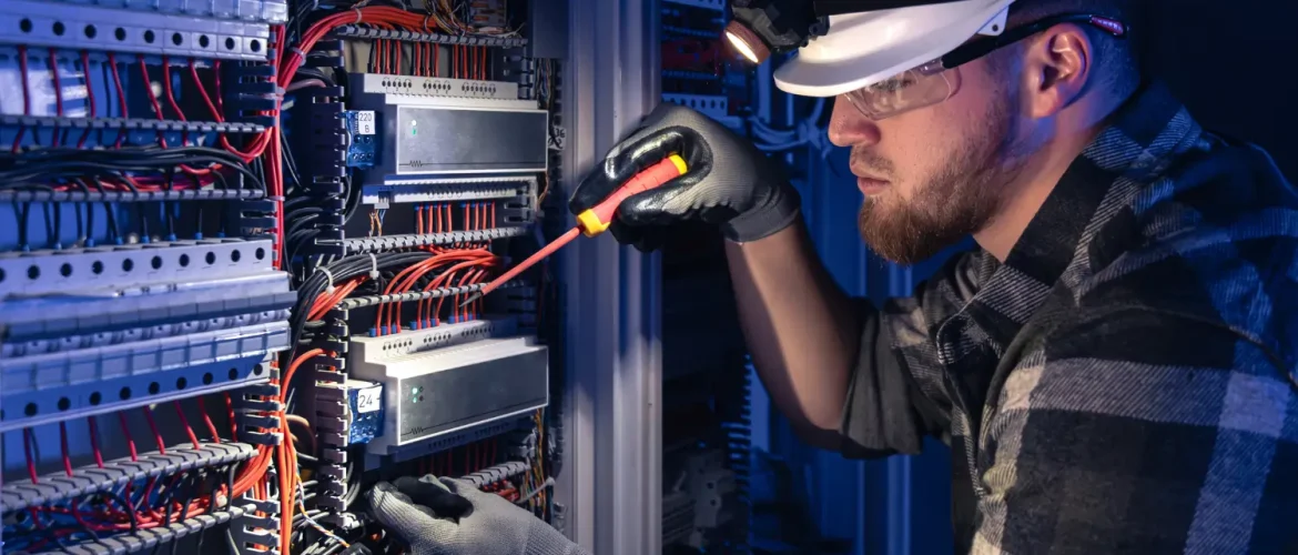Technician troubleshooting a bad ethernet cable in an electrical control panel to resolve network connectivity issues