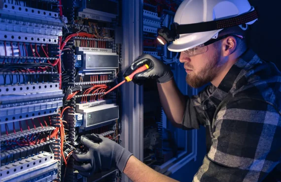 Technician troubleshooting a bad ethernet cable in an electrical control panel to resolve network connectivity issues
