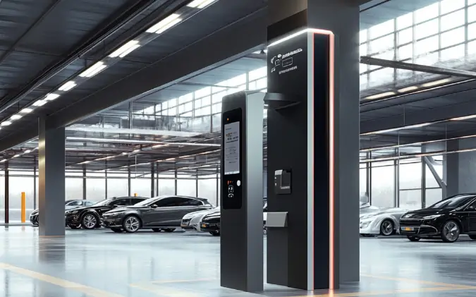 Modern intelligent parking system kiosk inside a futuristic indoor parking garage with luxury vehicles and smart automation technology.