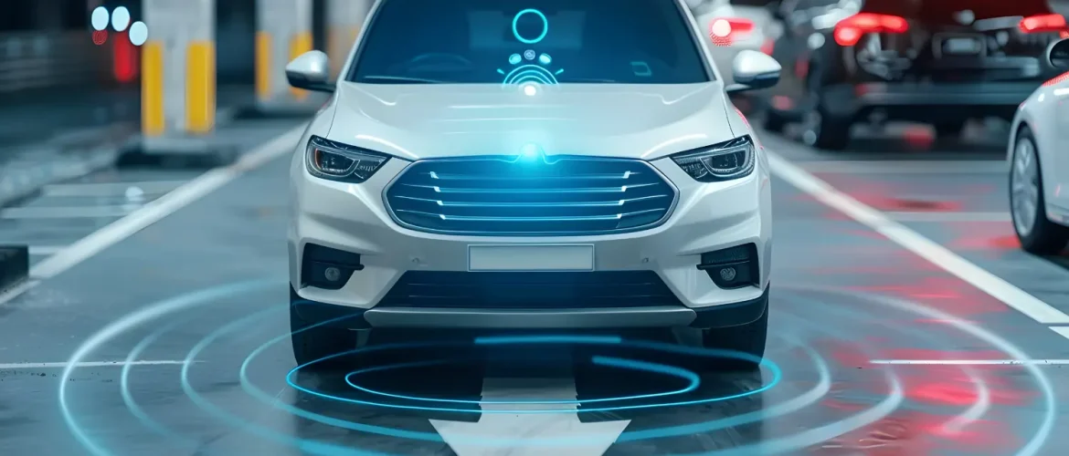 White car using an intelligent parking system with AI-powered sensors and digital guidance technology in a modern parking garage.
