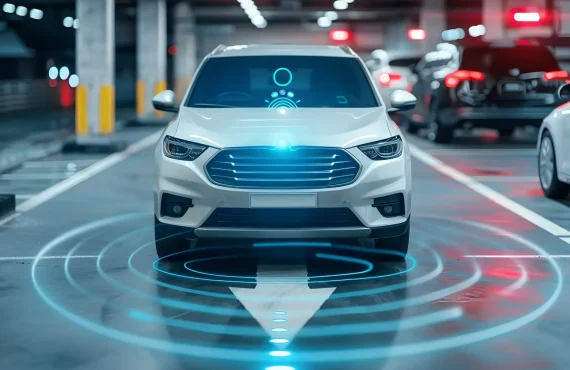 White car using an intelligent parking system with AI-powered sensors and digital guidance technology in a modern parking garage.