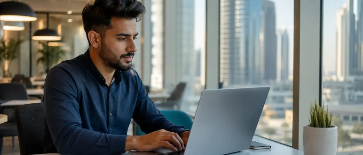 Small business owner working on custom domain business email in a Business Bay co-working space in Dubai
