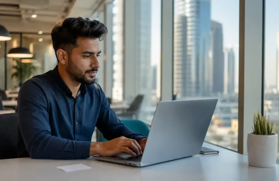 Small business owner working on custom domain business email in a Business Bay co-working space in Dubai