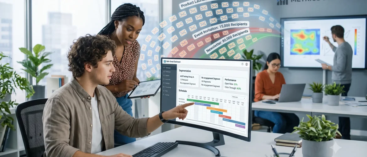 Marketing team using email campaign software to send bulk emails with audience segmentation and automated email marketing