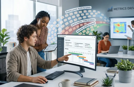Marketing team using email campaign software to send bulk emails with audience segmentation and automated email marketing