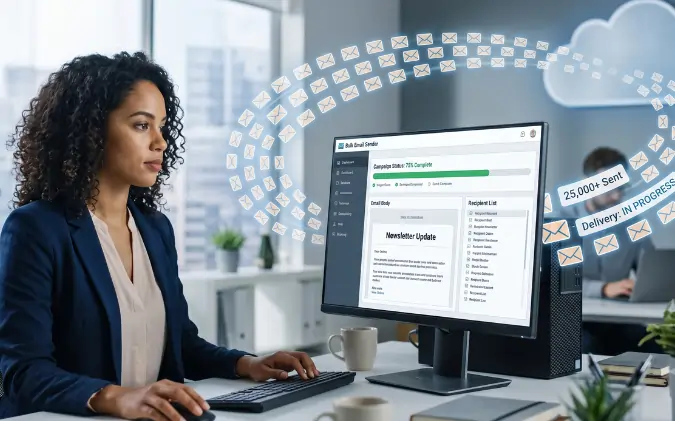 Professional using email marketing software to send bulk emails for business campaigns and newsletter automation